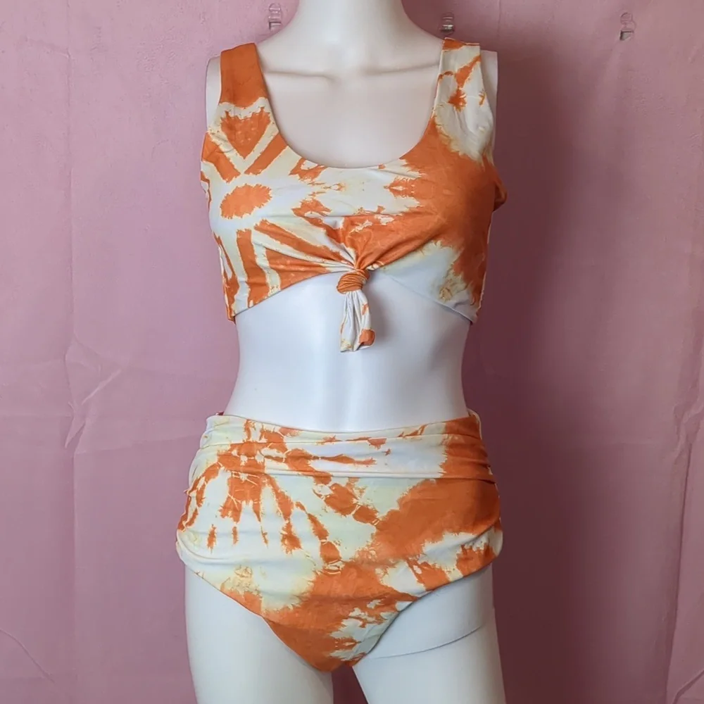Zaful Orange And White Tie Dye Knot Front Bikini With Ruched Bottoms Large